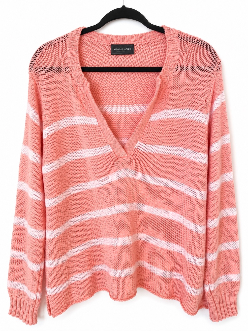 Wooden Ships Paola Buendia Pink White Striped V-Neck Open Knit Sweater S/M